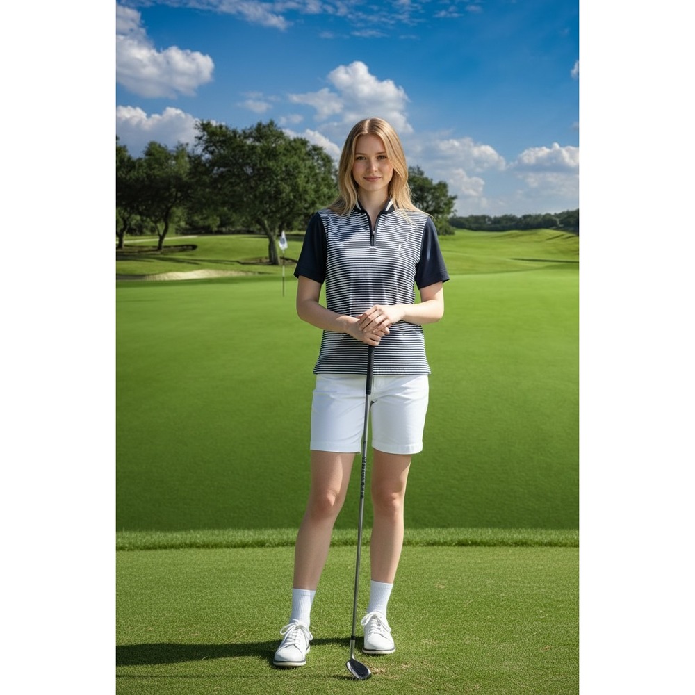Golfino Womens Navy Blue Striped Quarter Zip Short Sleeve Golf Polo Shirt Size M